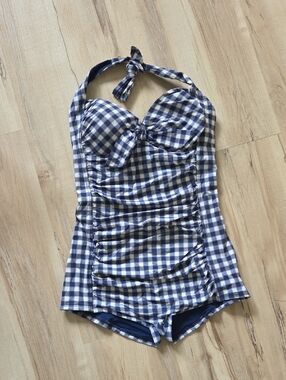 Seafolly Navy and White Gingham Halter One-Piece Swim
